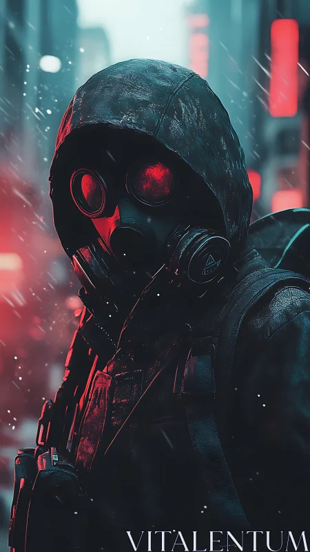 Hooded gas mask operative under neon red backlight in snow.