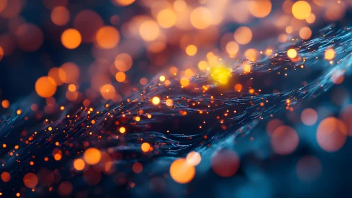 Abstract glowing fiber optic strands with warm bokeh lights.