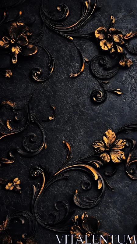 Ornate black florals with molten gold scrollwork accents.