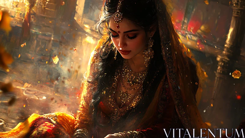 Golden-lit bridal portrait renders jewel-encrusted serenity
