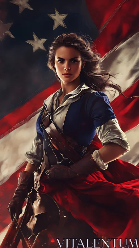 Fierce revolutionary heroine before a storm-tossed flag.