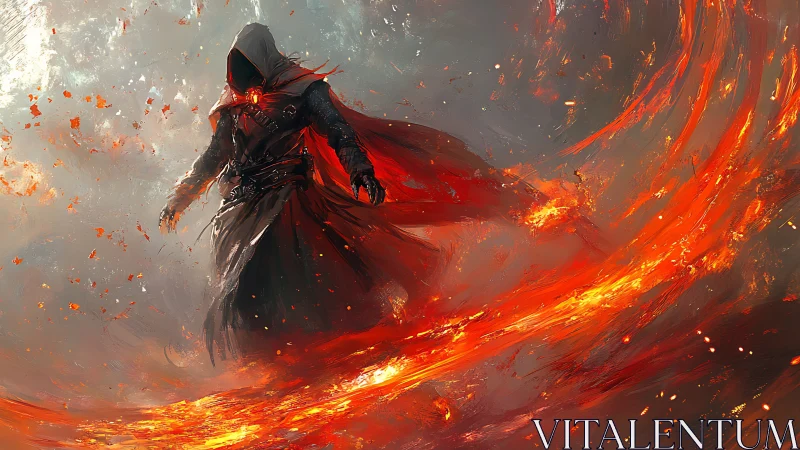 Hooded fire mage commands swirling lava vortex in battle.