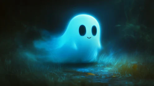 Glowing cyan cartoon ghost drifting through misty forest.