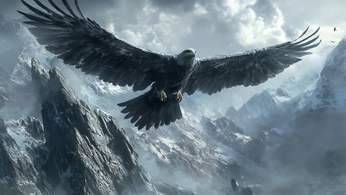 Majestic eagle glides over icy mountain peaks in stormy light
