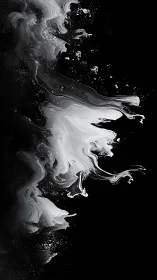 Monochrome fluid abstraction swirling through deep black field.