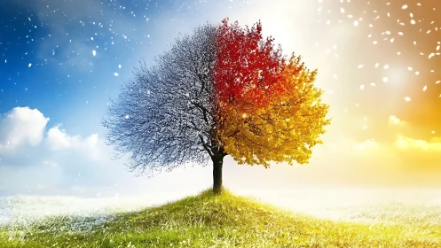 Bipartite seasonal tree renders winter and autumn in one form