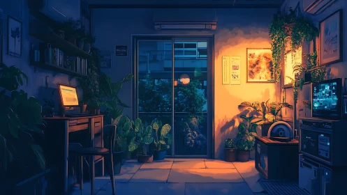Cozy plant studio glows under mixed blue and amber light.