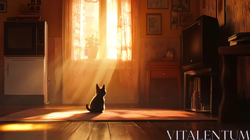 Cat in golden sunbeam inside warm vintage living room.