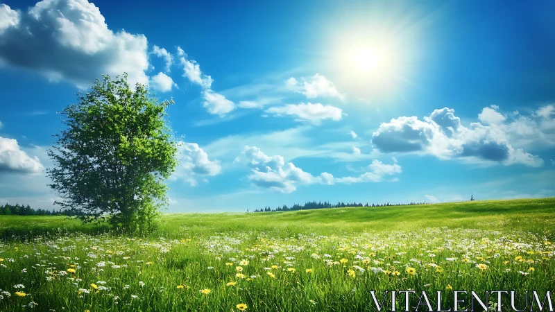 Sunlit meadow landscape with lone tree and vivid blue sky.
