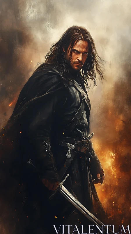 Brooding fantasy warrior standing strong amid swirling fire.