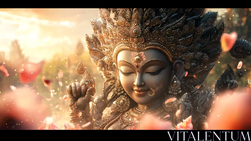 Divine goddess sculpture under golden bokeh light with petals.