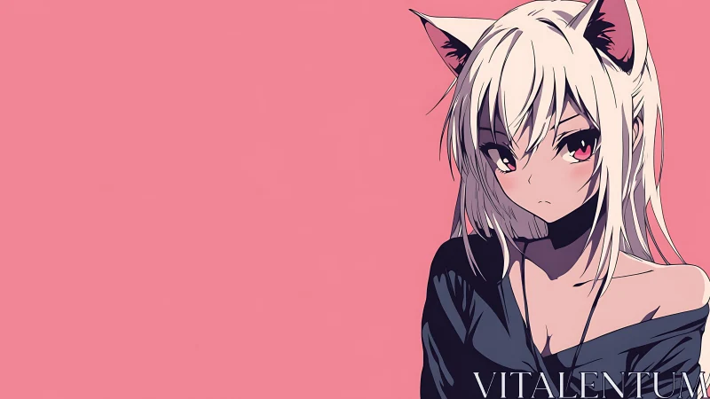 Stylized anime catgirl portrait set against flat pink ground