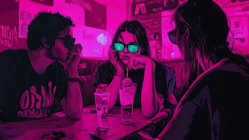 Trio of friends in neon bar wearing sunglasses at night.