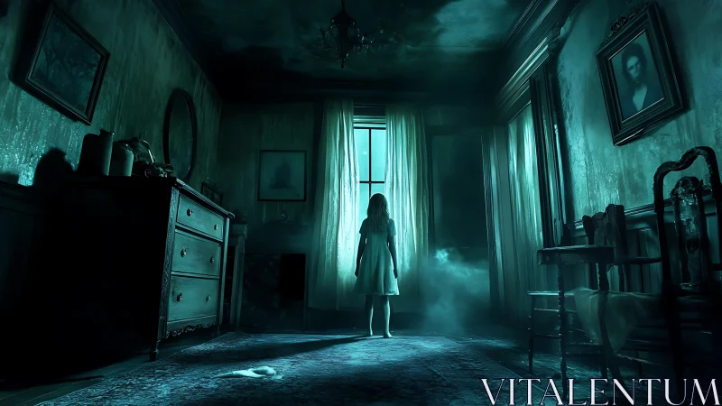 Ghostly girl confronts eerie light in abandoned bedroom.