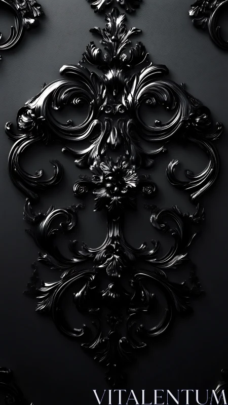 Baroque black ornamental relief on dark textured wall.