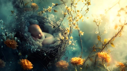 Sleeping newborn rests in nest among glowing yellow flowers