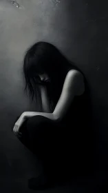Solitary young woman crouches in dimly lit shadowed corner