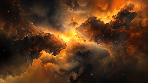 Golden cosmic clouds glowing with soft, starlit warmth.