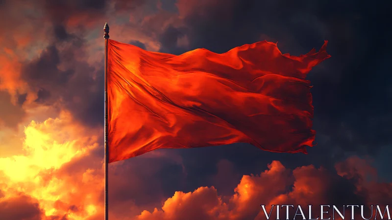 Wind-torn red flag rendered against volumetric storm clouds