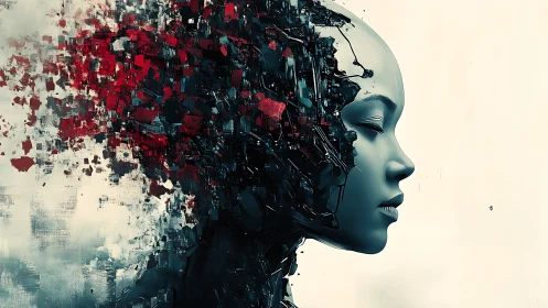 Quiet cyborg muse dissolving into crimson data storm.