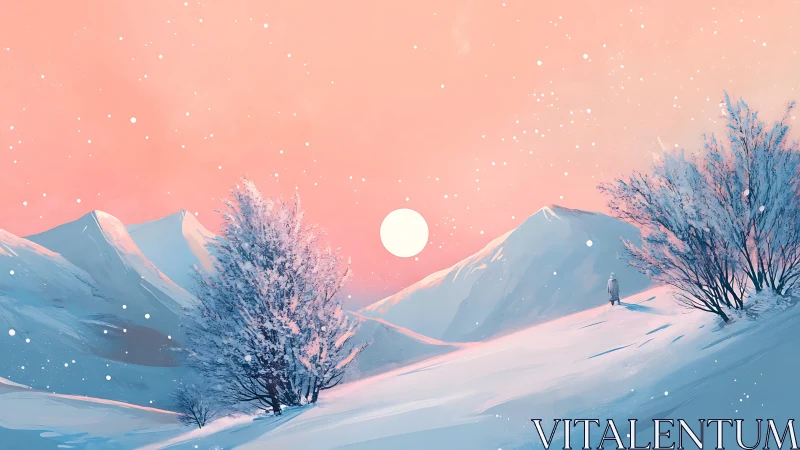 Softly lit winter valley depicts pastel gradient sky and silhouetted sun