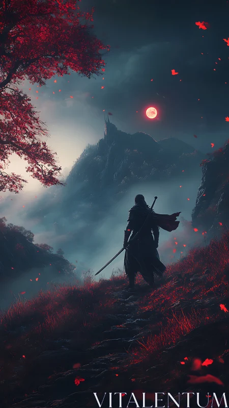 Lone wandering warrior under a haunting crimson moon.