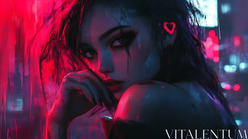 Cyberpunk portrait with neon magenta rim light and heart earring