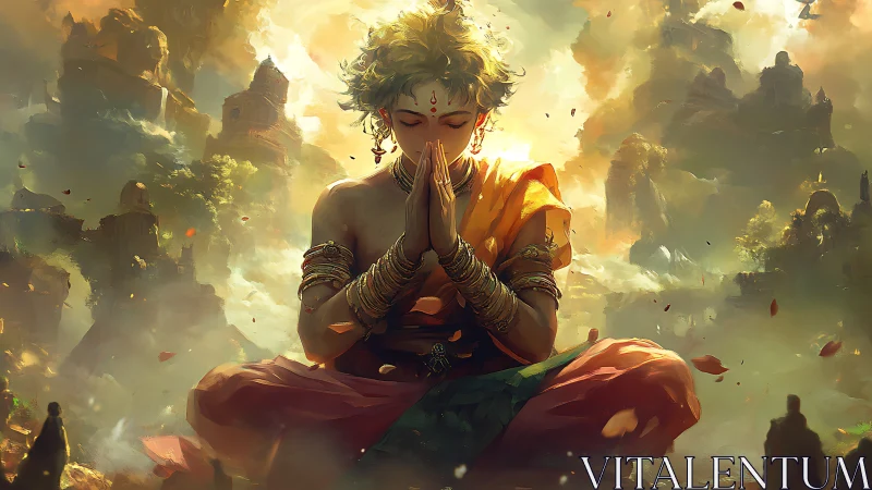 Meditative youth levitates in sunlit mythic temple ruins.