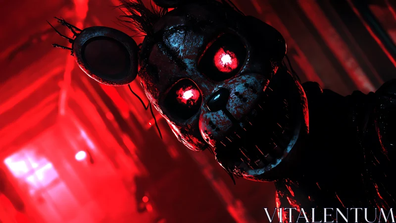 Mechanical rabbit figure in red-lit corridor interior scene.