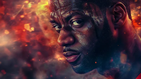 Sweat-slicked gaze carves a path through swirling digital fire