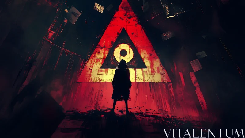 Backlit figure before decayed geometric symbol in red tunnel