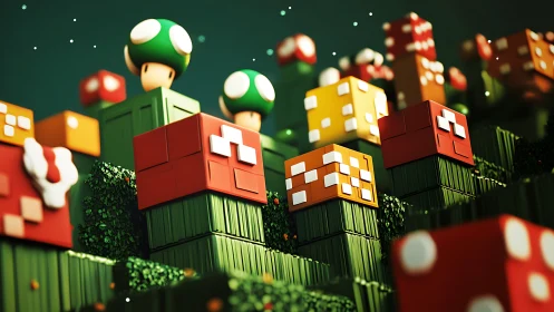 Isometric voxel hills with stylized mushroom power-up blocks