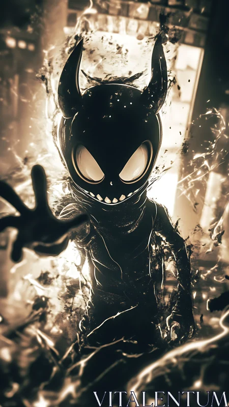 Shadow demon avatar emerges through crackling digital fire.