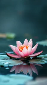 Serene pink lotus macro with reflective water surface focus.