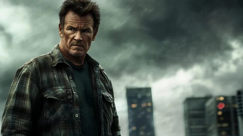 Weathered urban sentinel bracing against a storm-wrung sky.