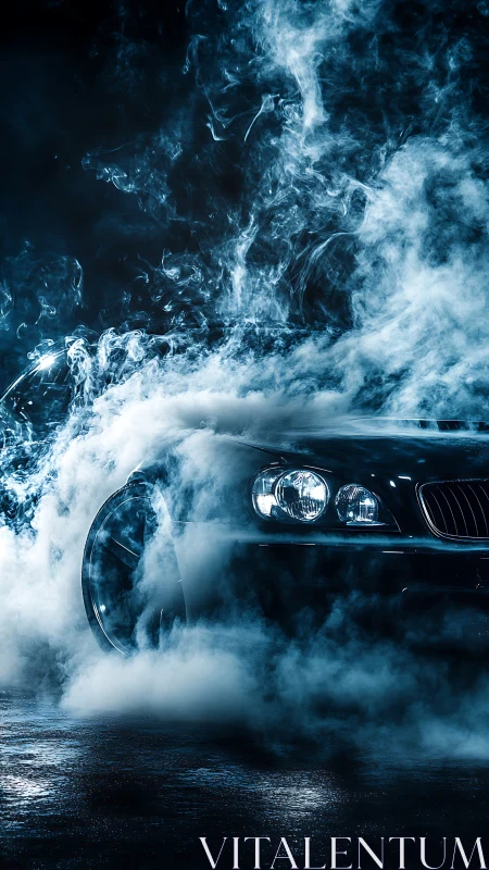 Midnight performance car emerging through neon smoke veil.