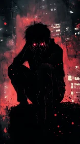 Hooded figure crouches in neon blood-red urban shadows