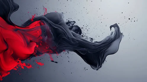 Red and black liquid forms in suspended digital abstraction.