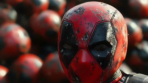 Red and black superhero mask shows weathered, gritty surface.