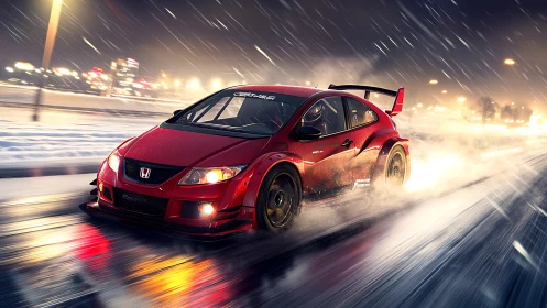 Red Honda Civic time-attack racer drifting on wet city road