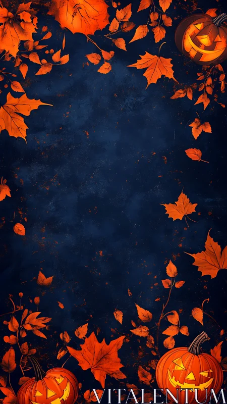 Halloween pumpkins with orange foliage on midnight blue background.
