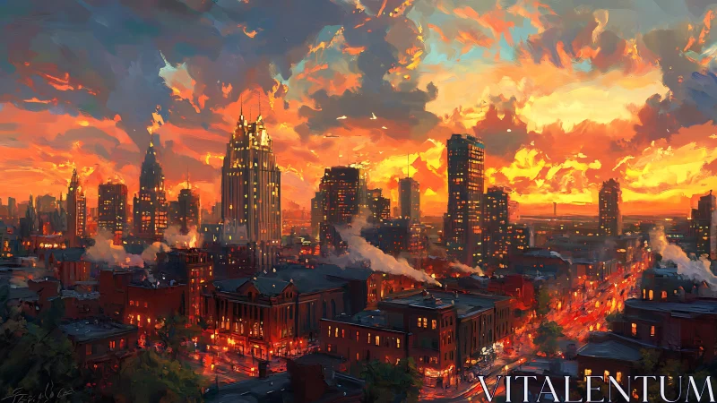 Fiery sunset skyline over glowing city streetscape.