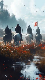 Medieval riders crossing misty wetland under red war banner