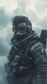 Stormy sky wanderer in tactical gear and gas mask.