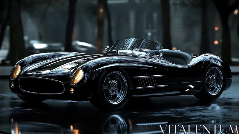 Sleek black retro roadster on wet city street at night.