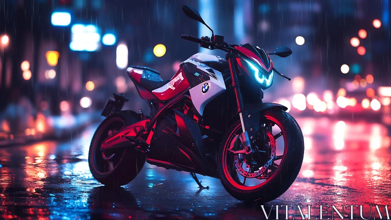 Neon storm rider: electric street bike in cyberpunk rain.