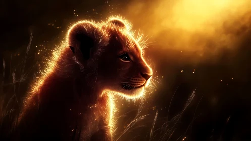 Young lion cub glowing softly in golden evening light.