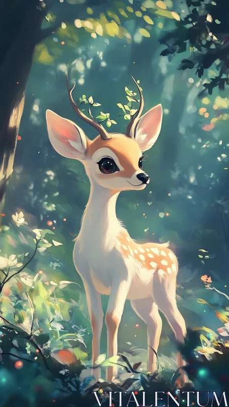 Young stylized fawn stands in dappled light within forest glade