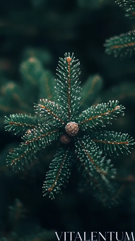 Frost-kissed fir needles cradle tiny pinecones in quiet hush.