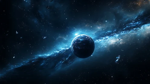Starlit blue planet drifts gently along a glowing cosmic river